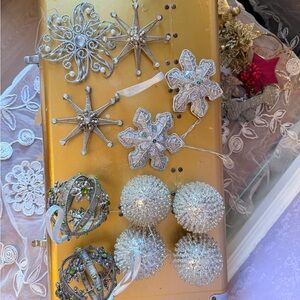 Sparkling Silver and Green Holiday Ornament Collection